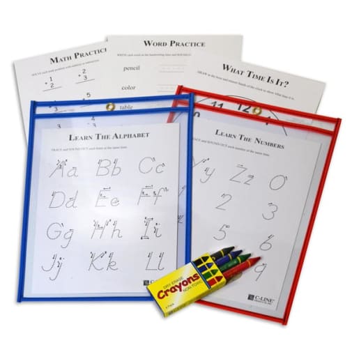 Reusable Dry Erase Pocket Kit 12" by 9" Study Aid with Dry Erase Crayons and Templates