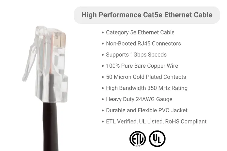 Cat5e Ethernet Patch Cable, Non-Booted, UTP, 50 ft, Black Cat5e Ethernet Patch Cable, Non-Booted, UTP, 50 ft, Black