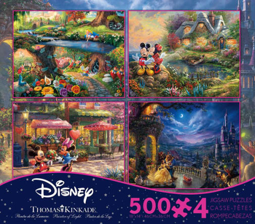 Alice in Wonderland, Beauty & the Beast, & Mickey & Minnie Mouse 4-in-1, 500 Piece Puzzles (Thomas Kinkade Disney Collection)