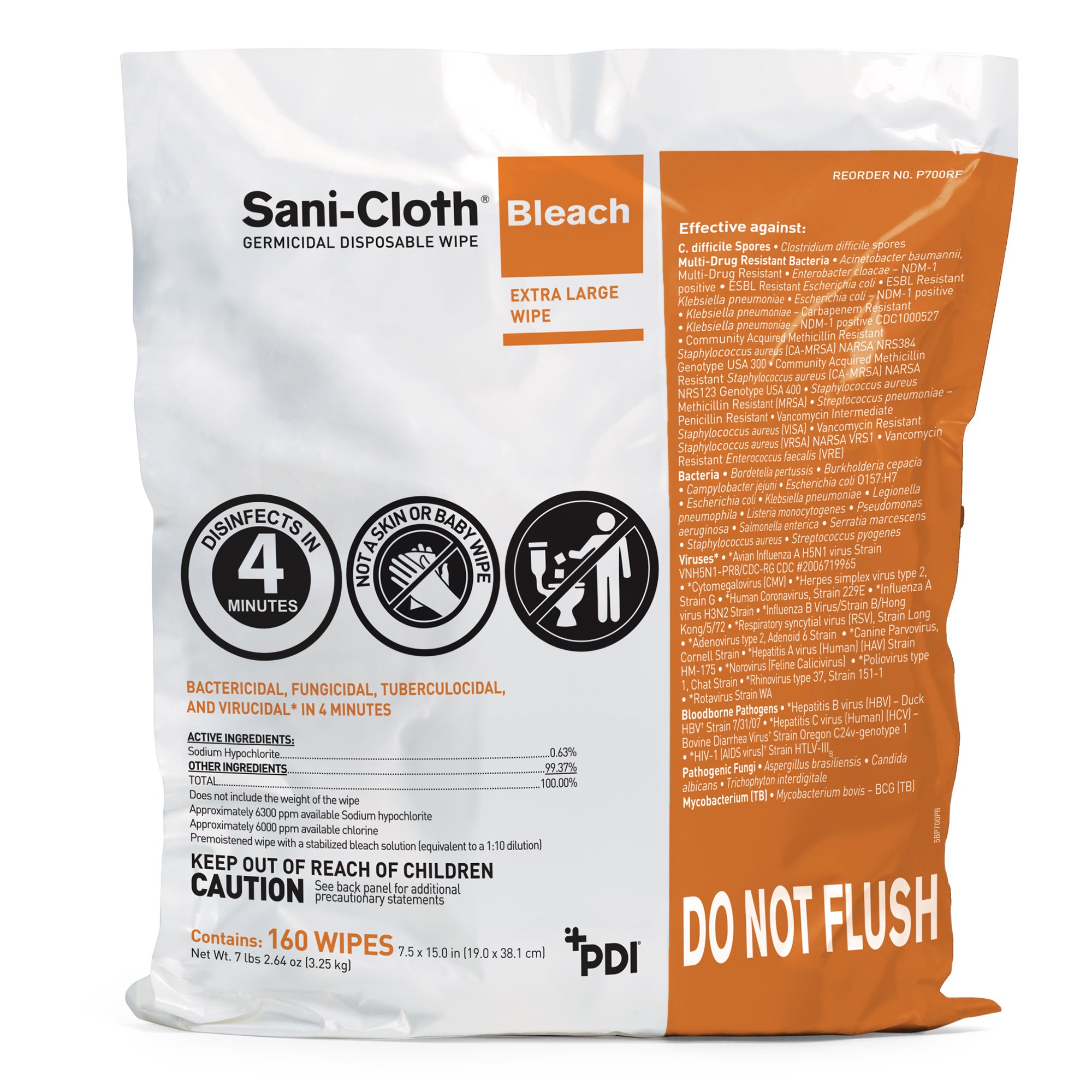 Sani-Cloth Bleach Germicidal Extra Large Disinfectant Wipes, 7.5 x 15 Inch MK 876340
