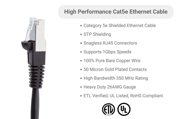 Cat5e Shielded Ethernet Patch Cable, Half-moon Boot, 12 ft, Black