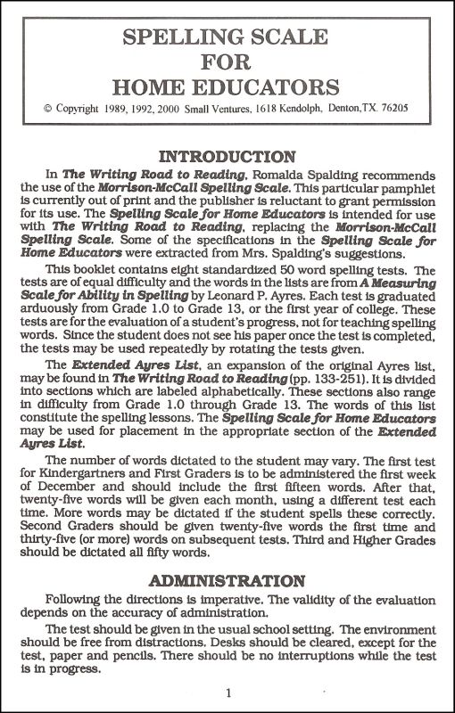 Spelling Scale for Home Educators