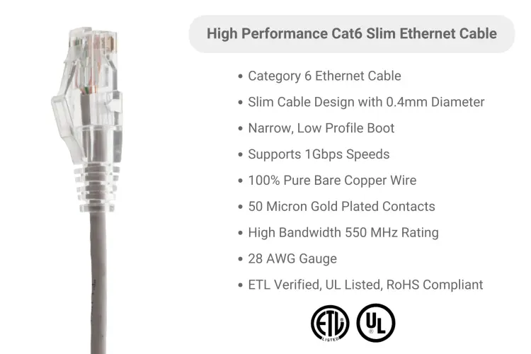 Cat6 Slim Ethernet Patch Cable, Snagless, 7 ft, Gray