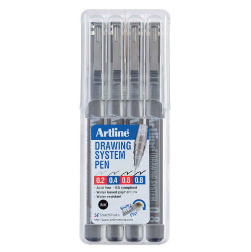 Drawing System Pens, Black - 4 pack (0.2,0.4,0.6,0.8mm)