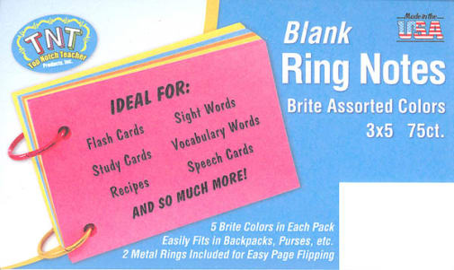Ring Notes Blank Bright Assorted Index Cards 3" x 5" (75 count)
