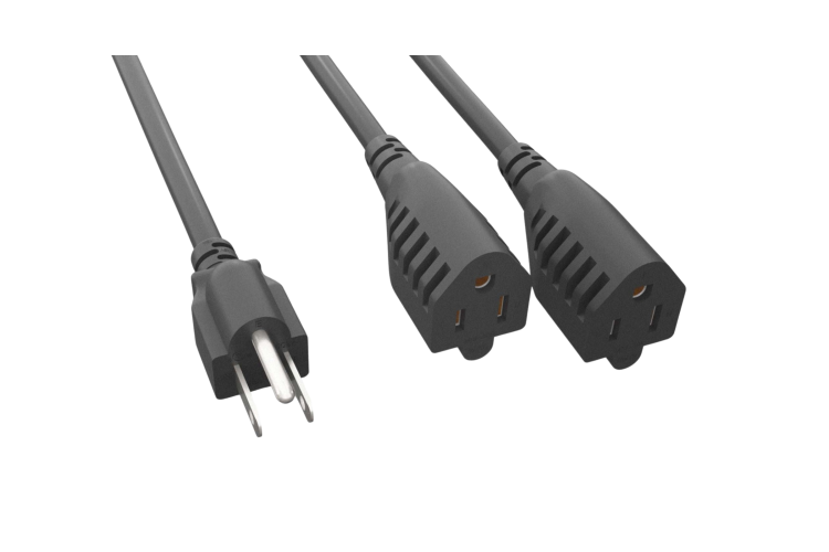 AC Power Cord 2 Way Splitter, 5-15P to 5-15R x2, 14AWG, 2ft, Black