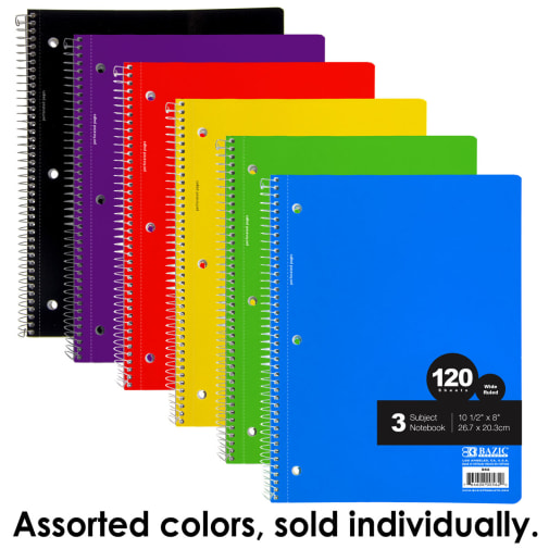 Spiral-Bound Wide Ruled 3-Subject Notebook 120 Sheets
