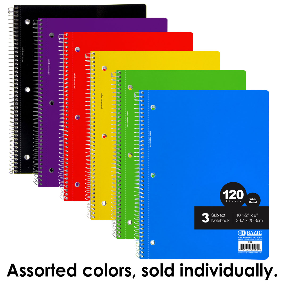 Spiral-Bound Wide Ruled 3-Subject Notebook 120 Sheets