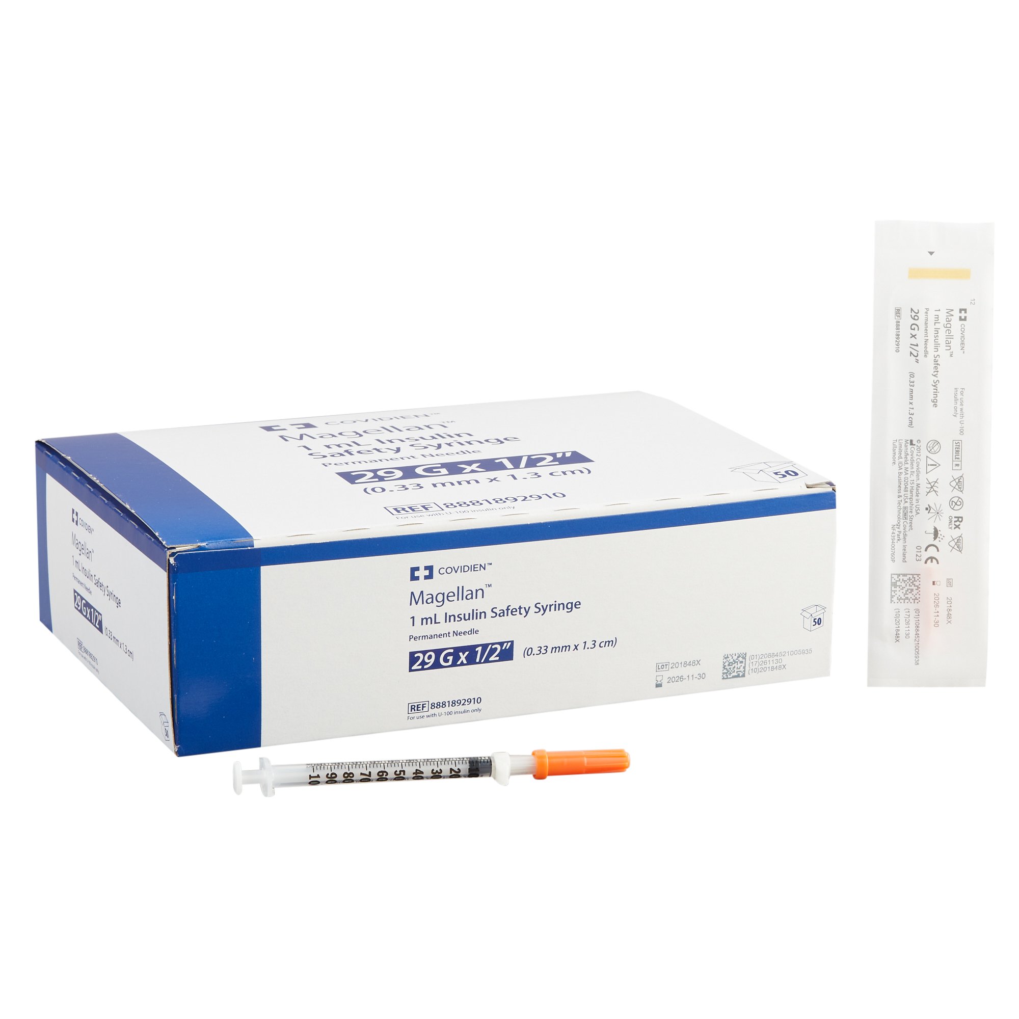 Magellan 1 mL Insulin Syringe with Needle, 29 Gauge, 1/2 Inch Needle Length MK 661686