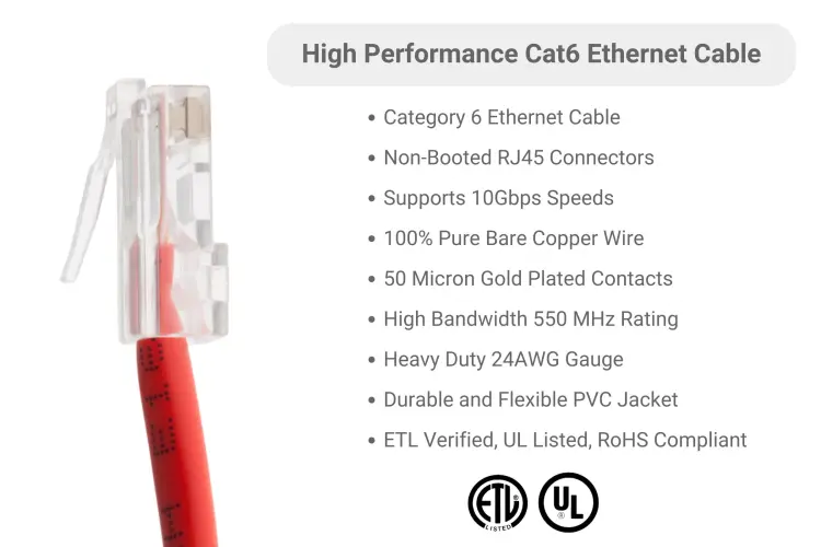 Cat6 Ethernet Patch Cable, Non-Booted, UTP, 7 ft, Red