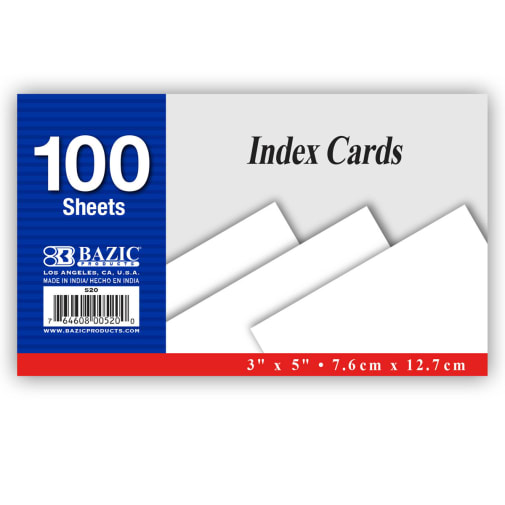 Unruled White Index Cards (3" x 5") 100 Count