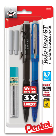 Twist-Erase GT 1 Click Mechanical Pencil (0.7mm) Assorted Barrels,w/lead & erasers - 2 pack
