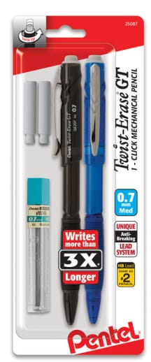Pentel Twist-Erase GT 1 Click Mechanical Pencil (0.7mm) Assorted Barrels,w/lead & erasers - 2 pack