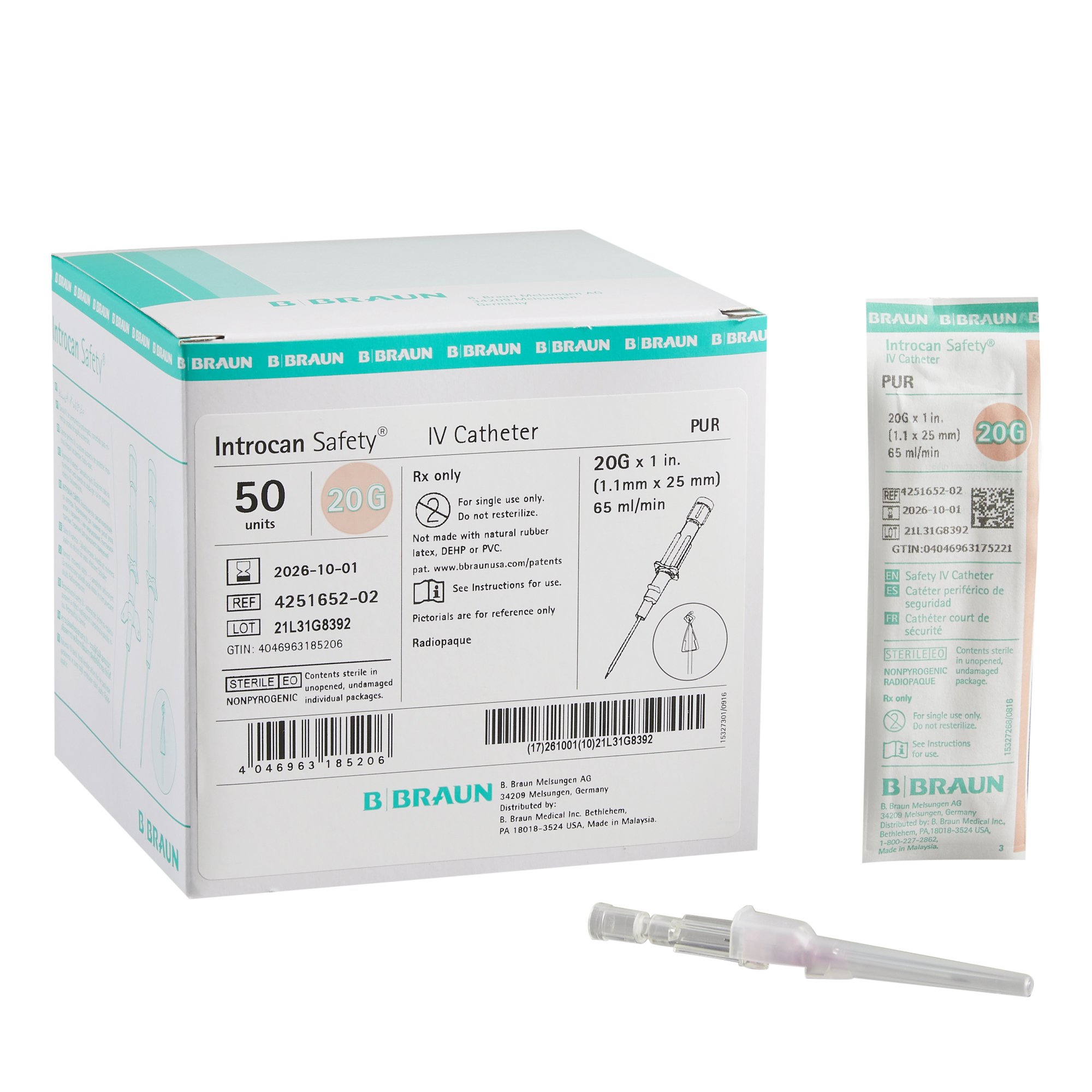 Introcan Safety Peripheral IV Catheter, 20 Gauge, Straight MK 629752