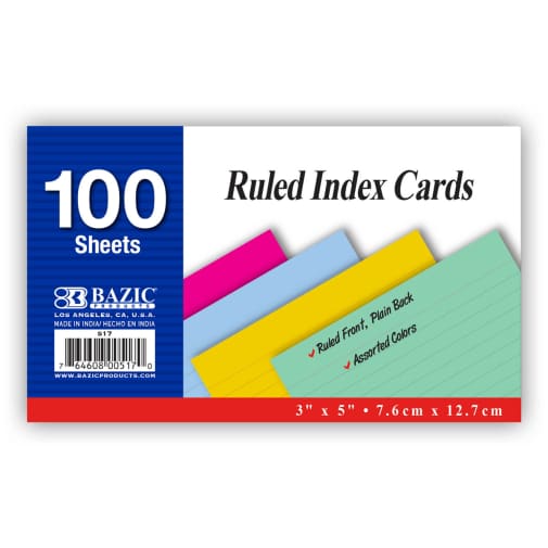 Ruled Colored Index Cards (3" x 5") 100 Count