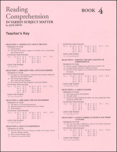 Reading Comprehension Book 4 Teacher Key