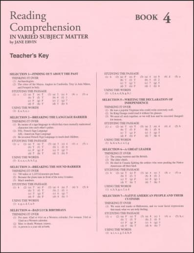 Reading Comprehension Book 4 Teacher Key