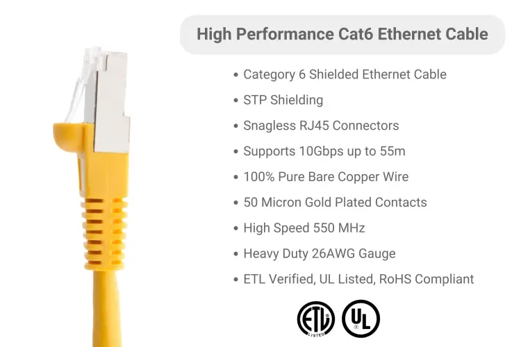 Cat6 Ethernet Patch Cable, Half-moon Boot, STP, 3 ft, Yellow