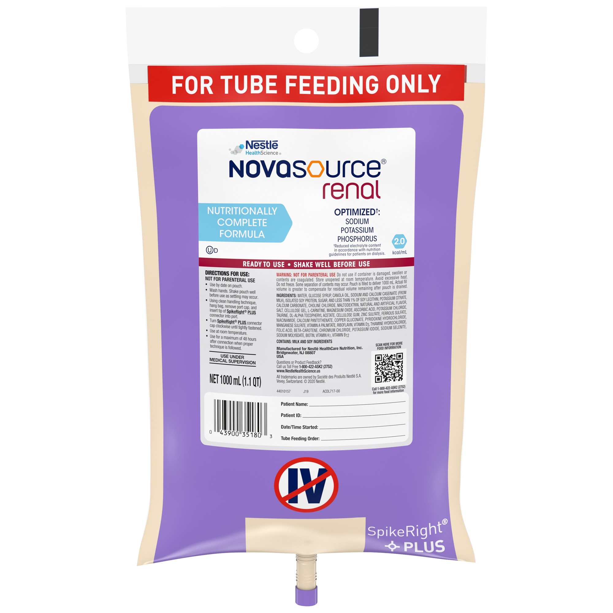 Novasource Renal Ready to Hang Tube Feeding Formula, 33.8 oz. Bag MK 693720