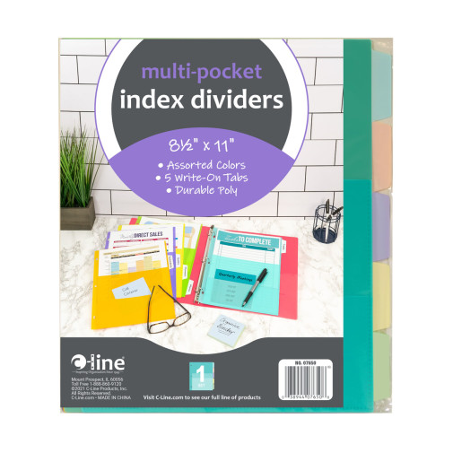 5-Tab Fashion Index Dividers with Multi-Pockets, Assorted - set of 5