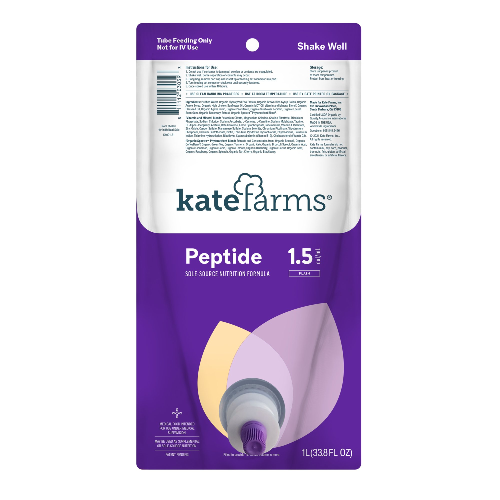 Kate Farms Peptide 1.5 Sole-Source Nutrition Formula, 1000 mL Bag MK 1184940