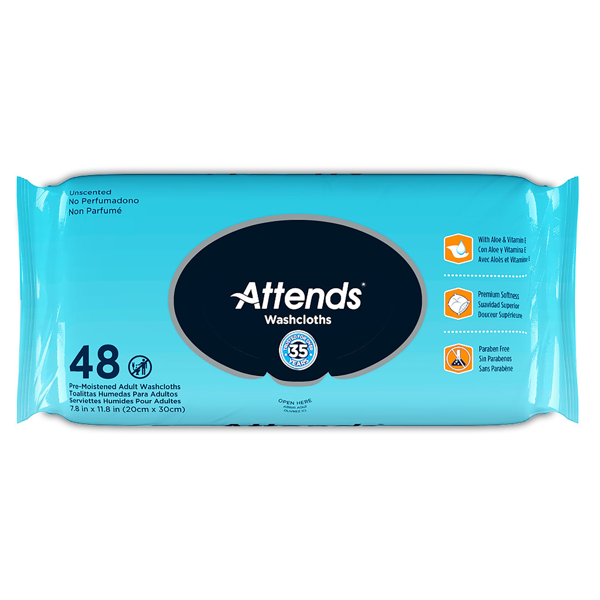 Attends Unscented Washcloths, 48 Count Soft Pack MK 840137