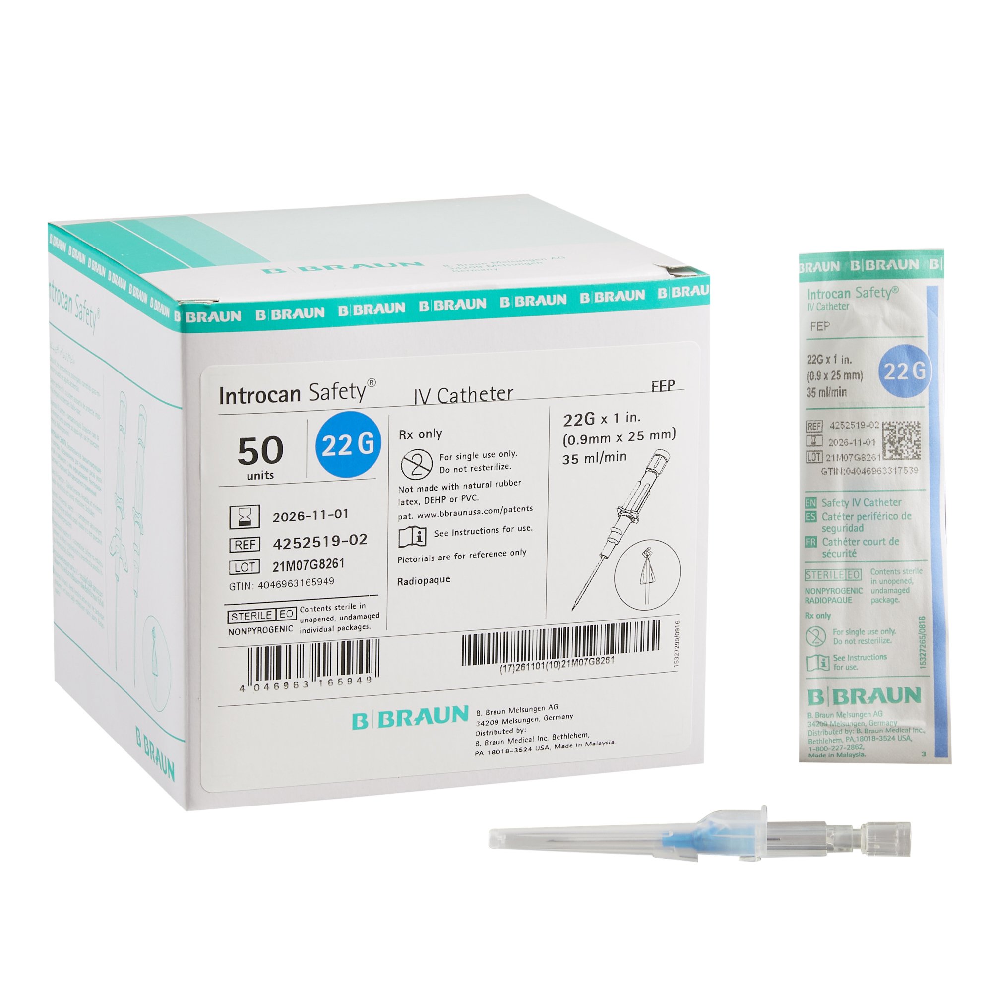 Introcan Safety Peripheral IV Catheter, 22 Gauge, Straight MK 629338