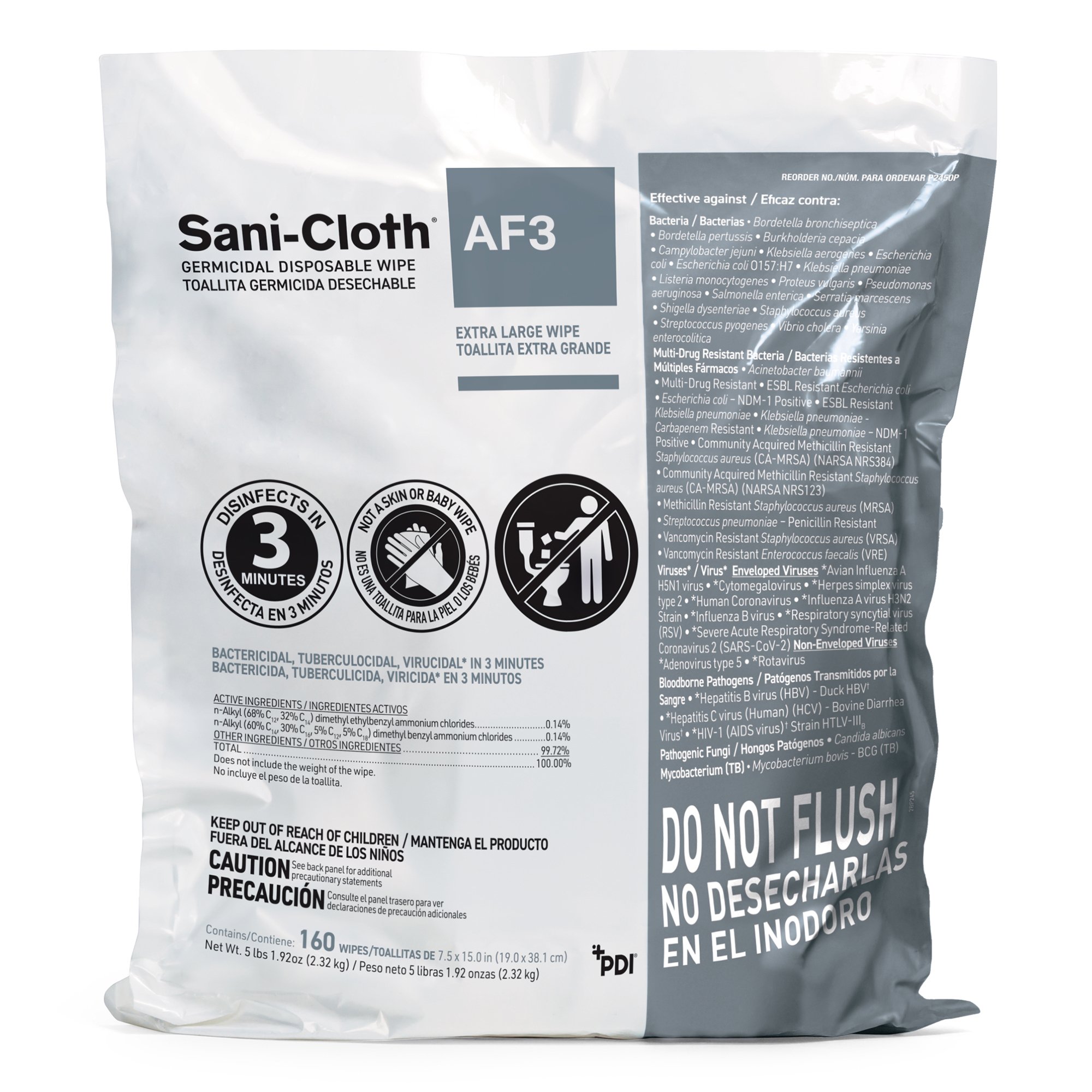 Sani-Cloth AF3 Germicidal Extra Large Disinfectant Wipes, Refill Bag, 160 ct. MK 876339