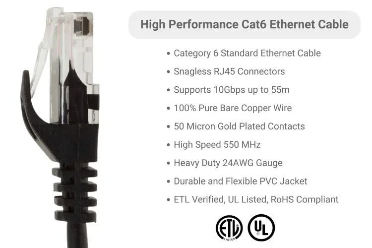 Cat6 Ethernet Patch Cable, Snagless, UTP, 7 ft, Black