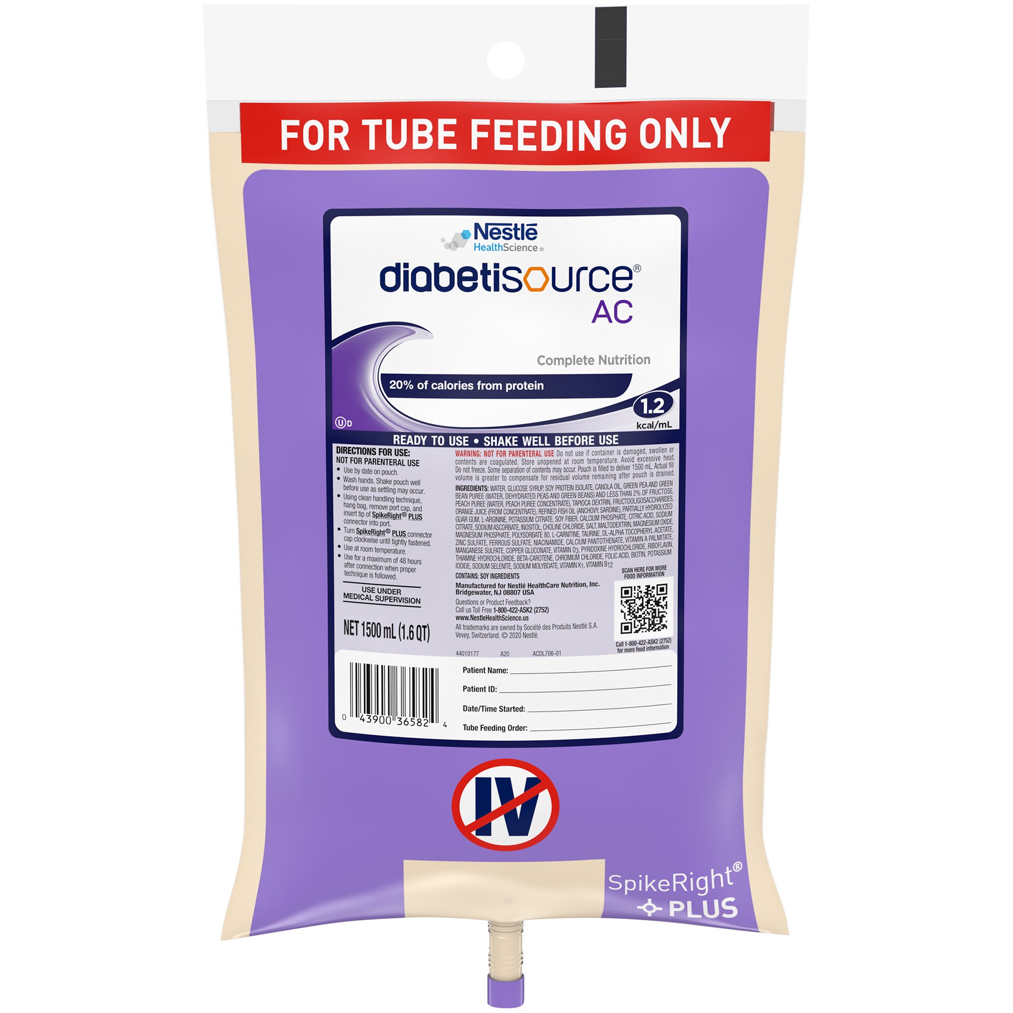 Diabetisource AC Tube Feeding Formula, 1.5 L Ready to Hang Prefilled Container MK 804537