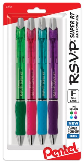 Pentel R.S.V.P. Super RT Ballpoint Pen - 4 pack (green, pink, sky blue, violet)