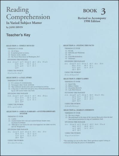 Reading Comprehension Book 3 Teacher Key