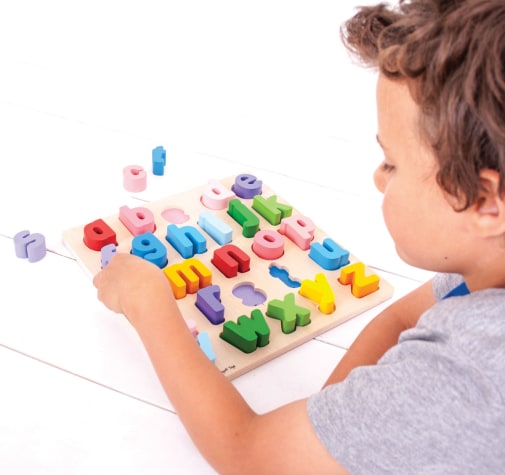 Bigjigs Toys Wooden Alphabet Puzzle - Lowercase Letters With Pictures, Learning Toy For Kids Ages 3+