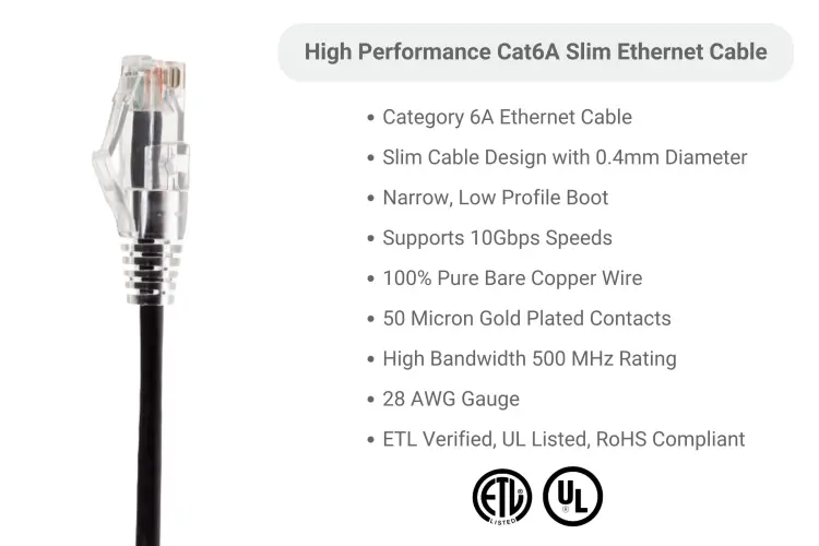 CAT-6A Slim Ethernet Patch Cable, 10ft, Black