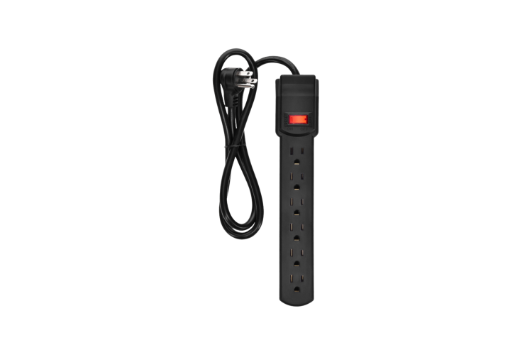 3Ft 6-Outlet Surge Protector 14AWG/3,15A, 90J Black Right Angle Plug