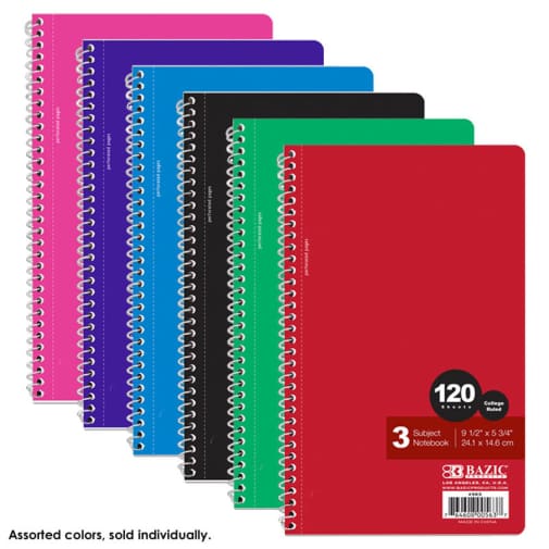 Spiral-Bound College Ruled 3-Subject Notebook (9.5" x 5.75") 120 Sheets