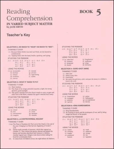 Reading Comprehension Book 5 Teacher Key