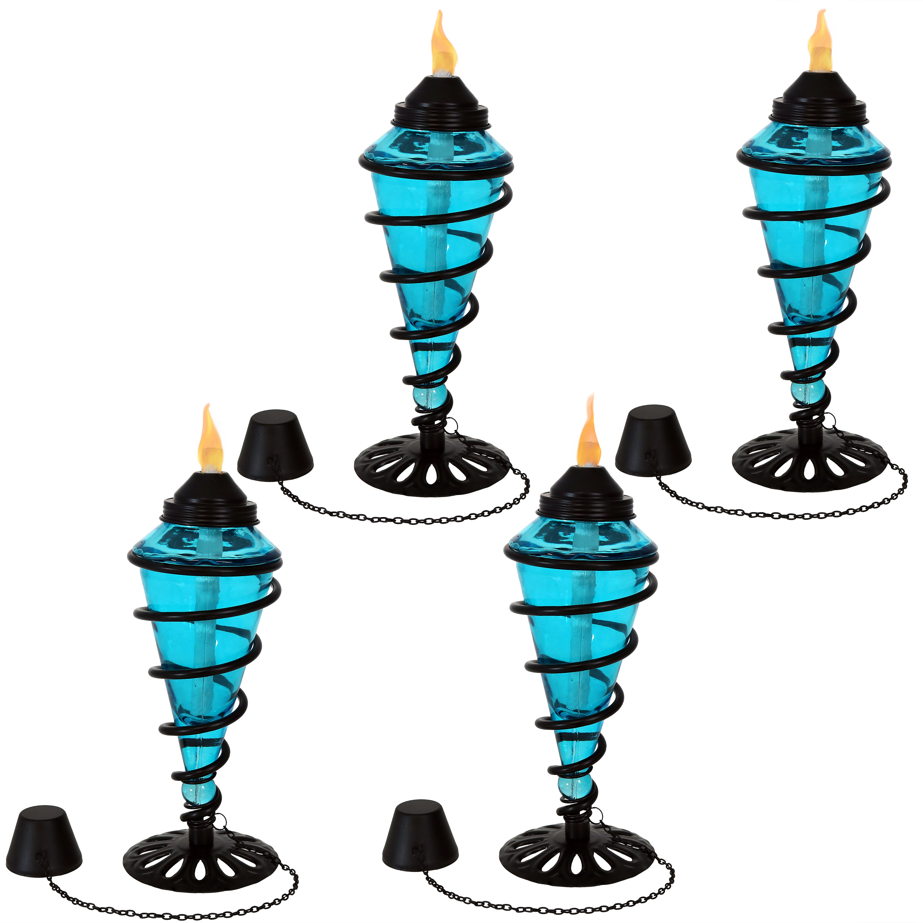 Sunnydaze Swirling Metal with Glass Tabletop Torches, Outdoor Patio and Lawn Citronella Torch, Set of 4, Blue