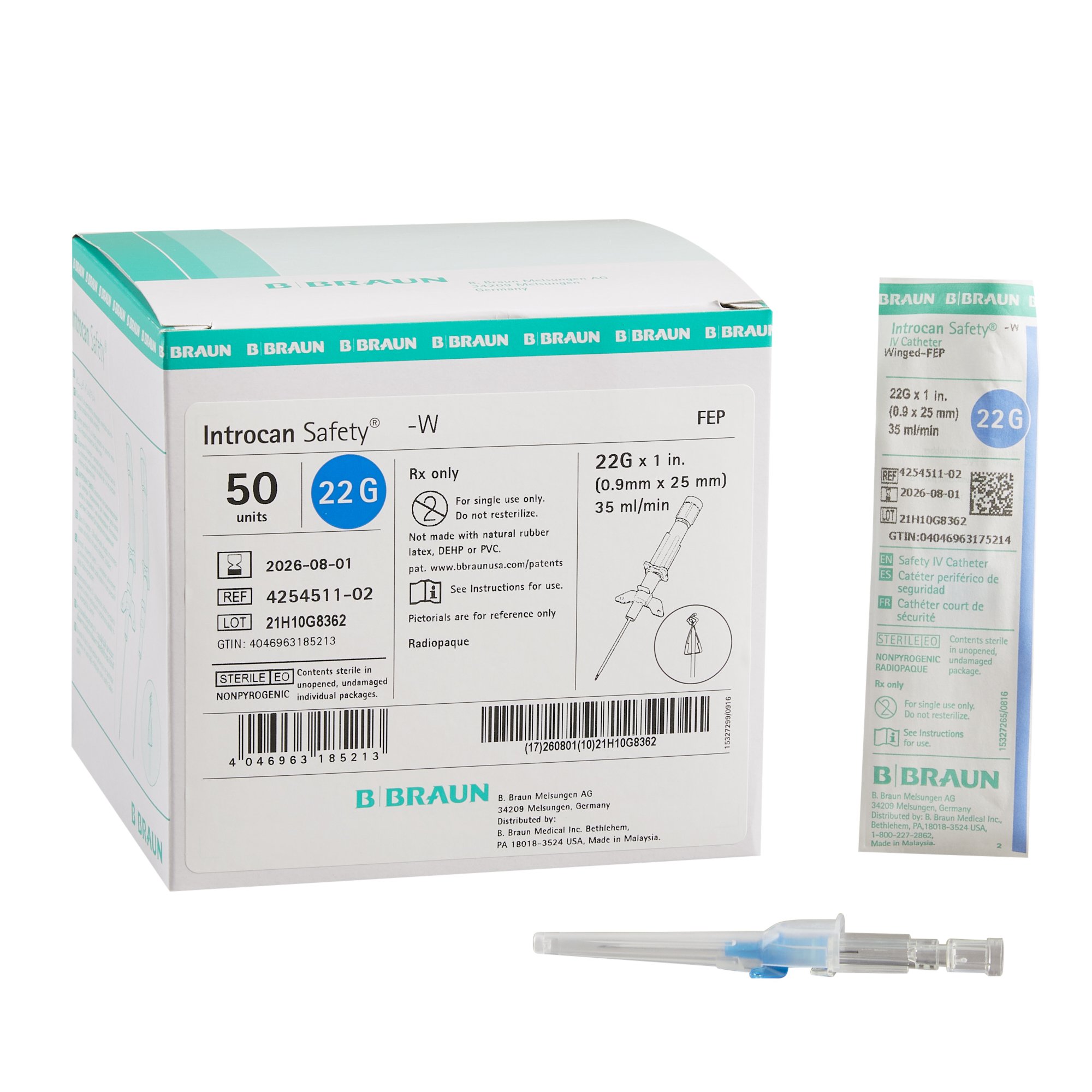 Introcan Safety Peripheral IV Catheter, 24 Gauge, Straight, Notched MK 629485