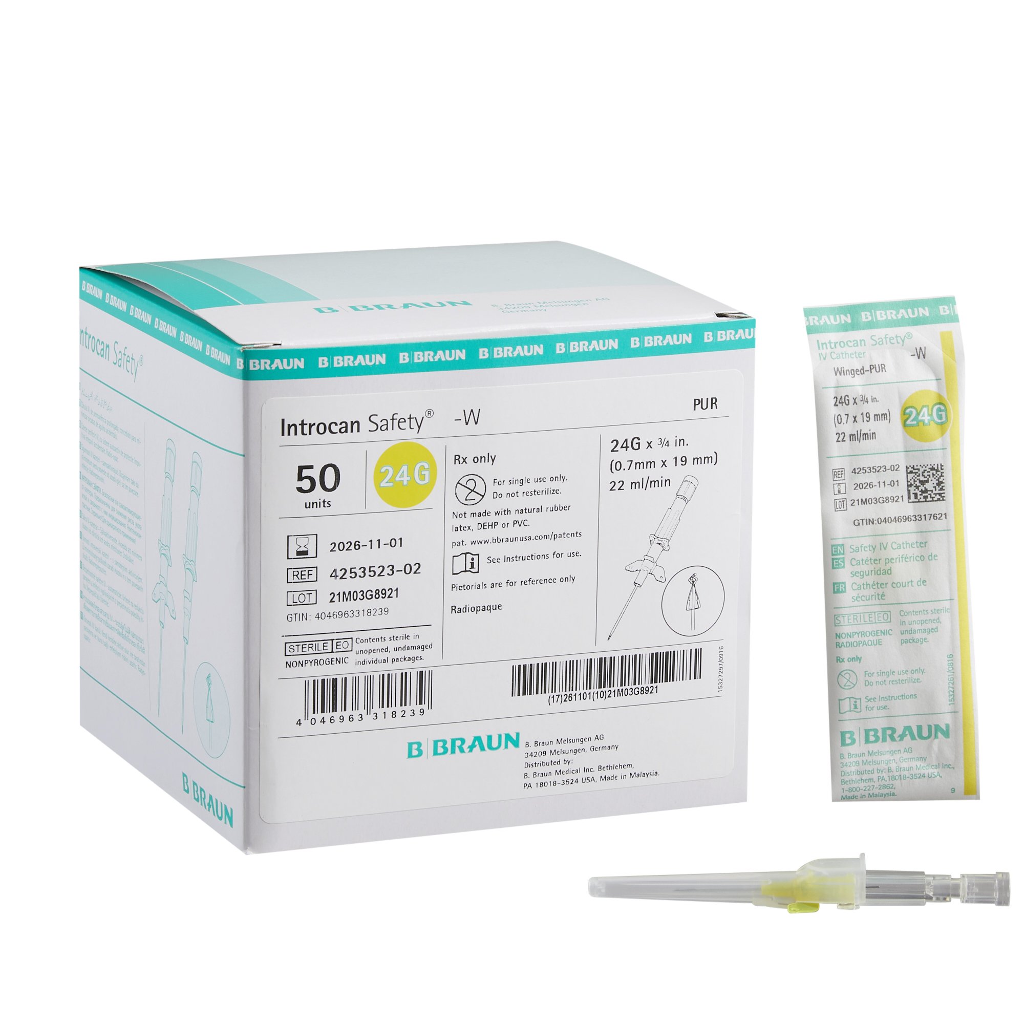 Introcan Safety Peripheral IV Catheter, 24 Gauge, Winged MK 630100