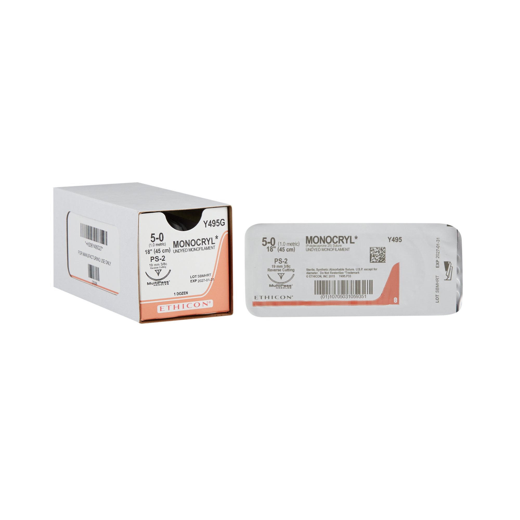 Absorbable Suture with Needle Monocryl Poliglecaprone PS-2 3/8 Circle Precision Reverse Cutting Needle Size 5-0 Monofilament MK 1185833