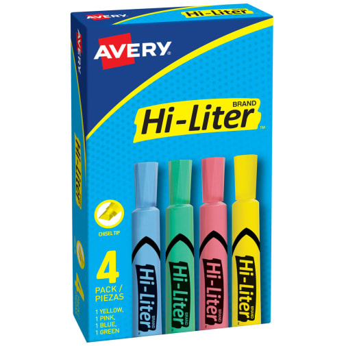 Avery Hi-Liter Desk Style Highlighters, Assorted Colors, Chisel Tip, 4/set