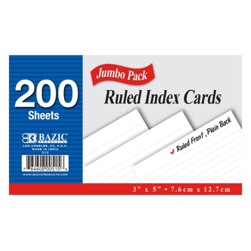 Ruled White Index Cards (3" x 5") 200 Count