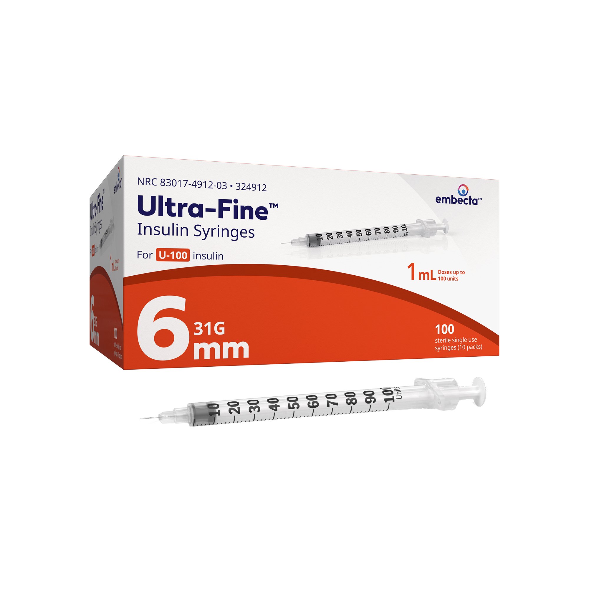 Standard Insulin Syringe with Needle Veo Ultra-Fine 1 mL 15/64 Inch 31 Gauge NonSafety Regular Wall MK 1160035