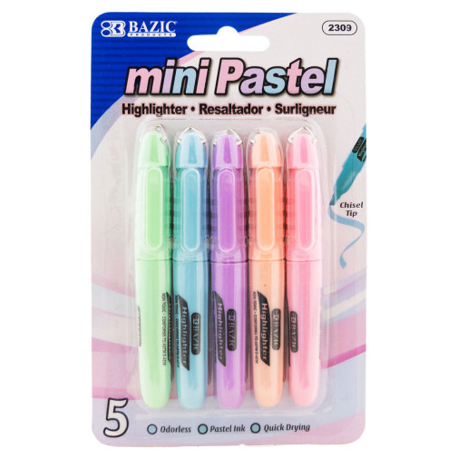 Mini Pastel Highlighters with Cap Clip - Assorted Colors (5 pack)