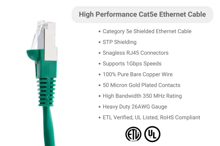 Cat5e Shielded Ethernet Patch Cable, Half-moon Boot, 100 ft, Green