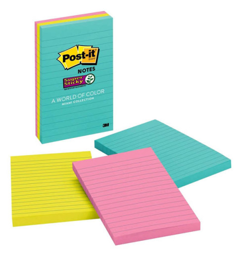 Post-It Super Sticky Notes, 4x 6,Lined - Miami Colors (3 pack)