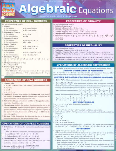 Algebraic Equations Quick Study Guide