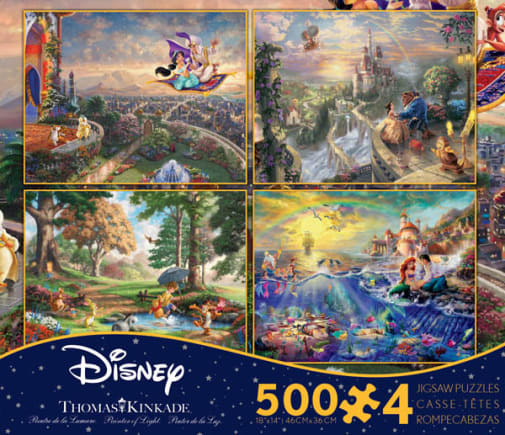 Aladdin, Beauty & the Beast, Little Mermaid, & Winnie the Pooh 4-in-1, 500 Piece Puzzles (Thomas Kinkade Disney Collection)