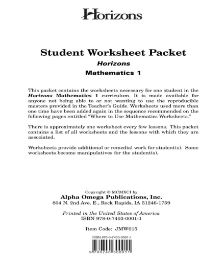 Horizons Math 1 Worksheet Packet
